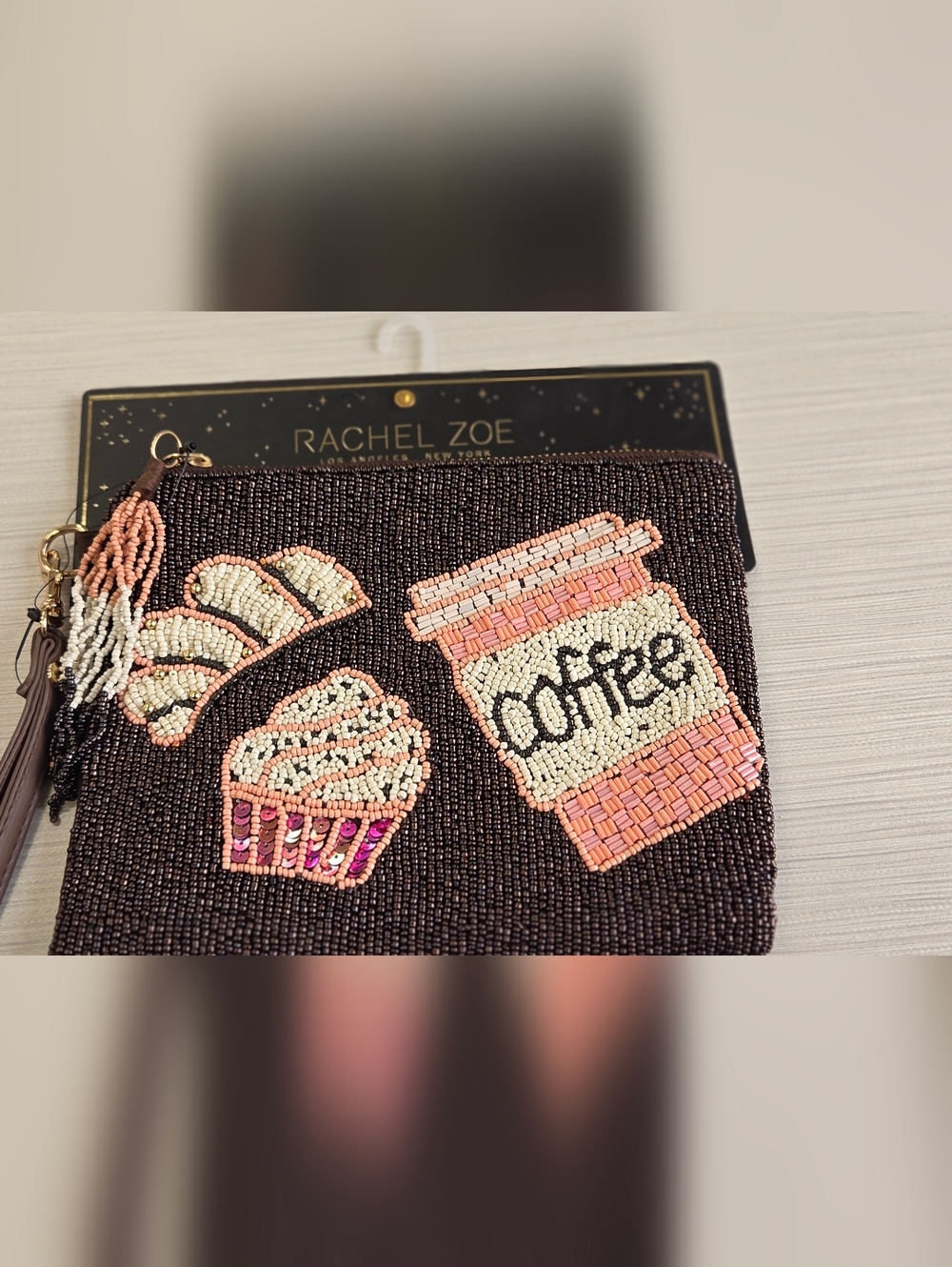 NWT Rachel Zoe Beaded Espresso & Cupcake Wristlet - Pink, Cream, Brown
